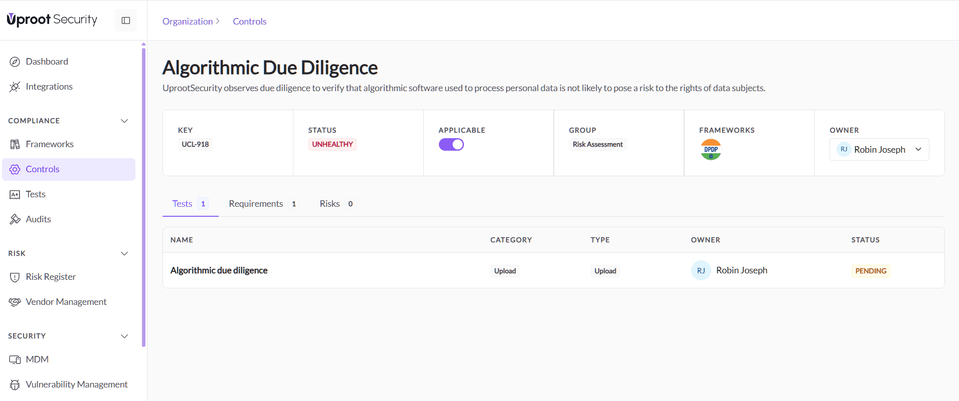 Algorithmic Due Diligence control: unhealthy status, DPDP framework, owner and its linked test