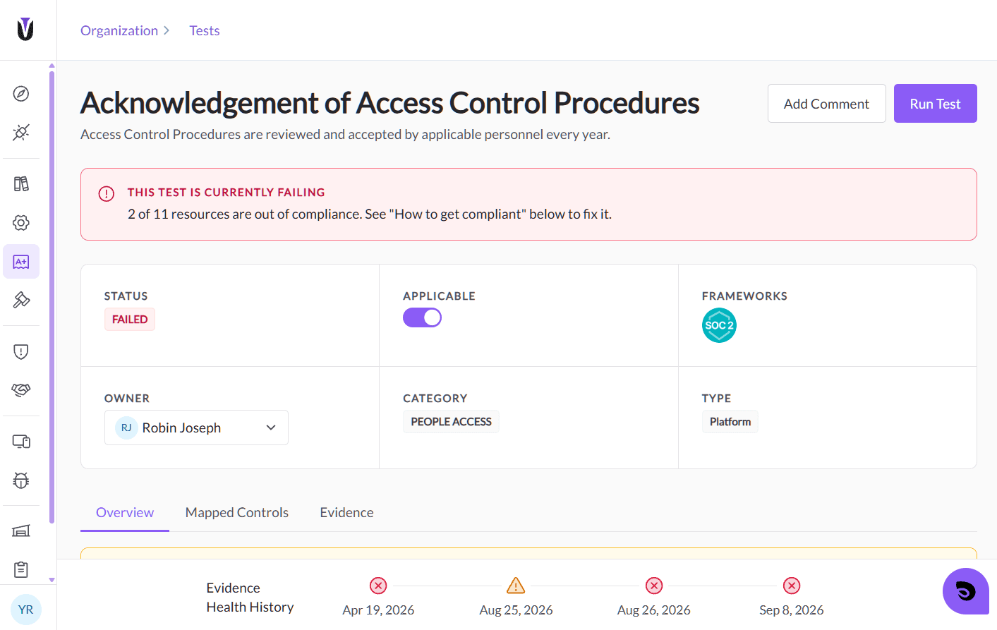 Test detail: acknowledgement of access control procedures, failing, with evidence health history